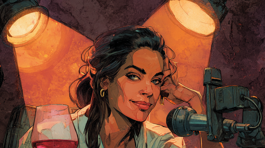 Lynn stands at a vintage stage microphone under two warm spotlights, raising a wine glass with a wry half-smile.