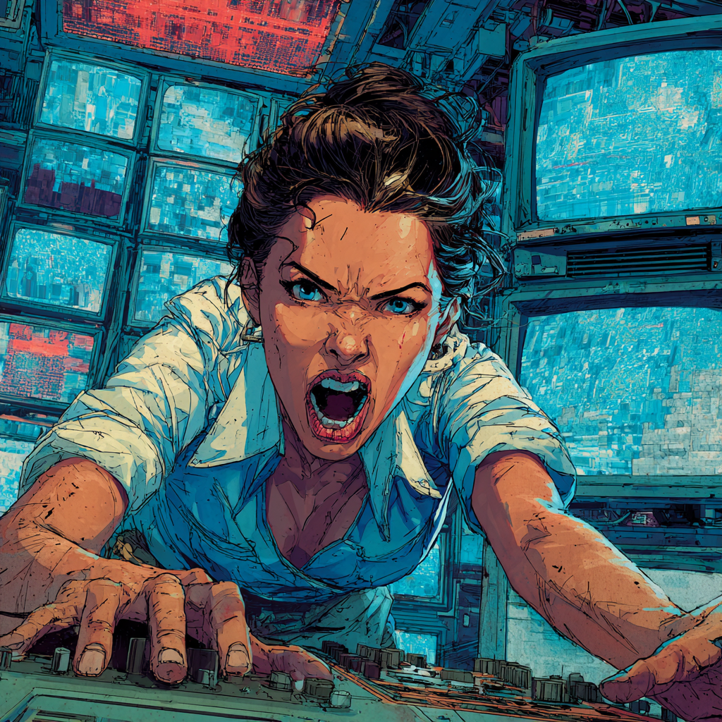 Lynn leans over a control console mid-shout, both hands slamming the panel as a wall of monitors flares behind her.