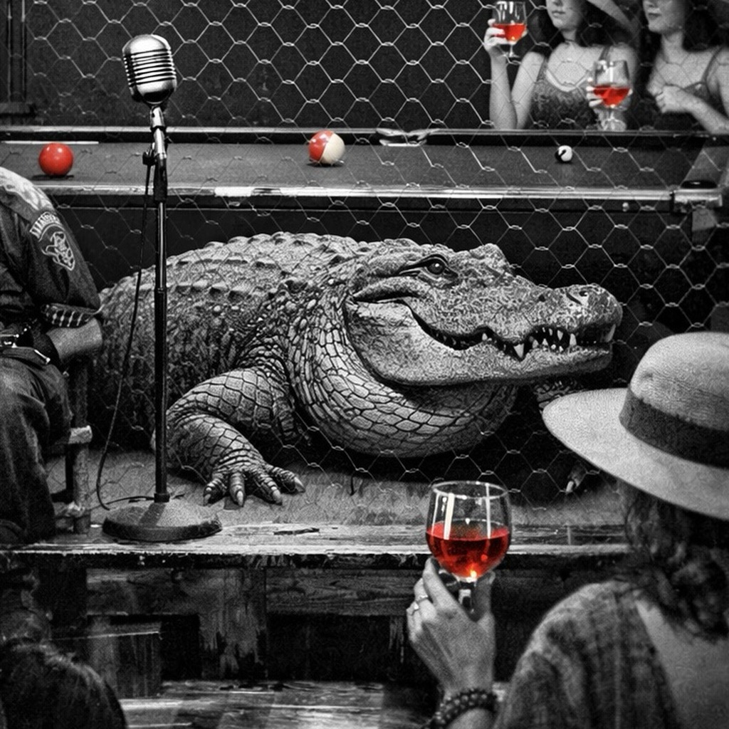 A large alligator lounges on a pool table beside a standing microphone; behind chain-link fencing, patrons in vintage dress sip glasses of wine.