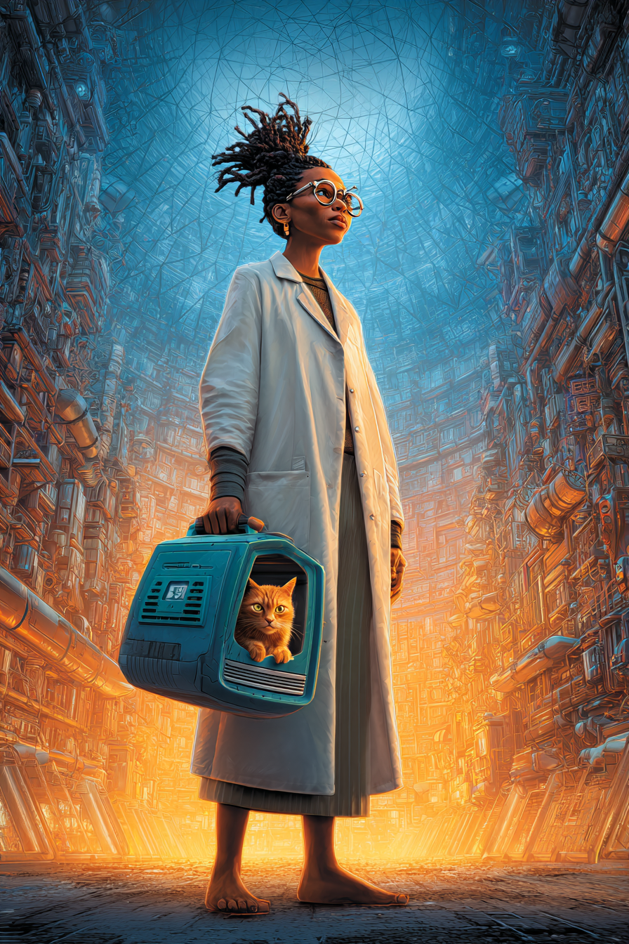 Caroline stands barefoot in a white lab coat and round glasses, dreadlocks swept up, holding a pet carrier at her side with an orange tabby peering out through the grille; a vast domed archive-city canyon rises around her.