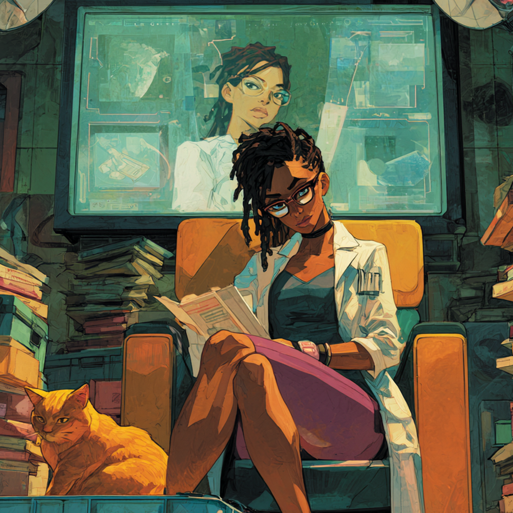 Caroline sits reading a folded pamphlet in a worn armchair among stacks of books, an orange tabby resting beside her, while a large wall monitor behind shows Anne watching in glasses and a white shirt.