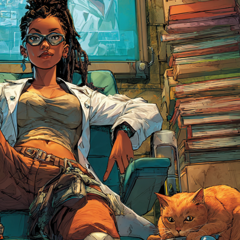 Caroline reclines in the chair with a confident half-smile, one hand pointing lazily downward, the orange tabby stretched out beside her next to a tall stack of books.