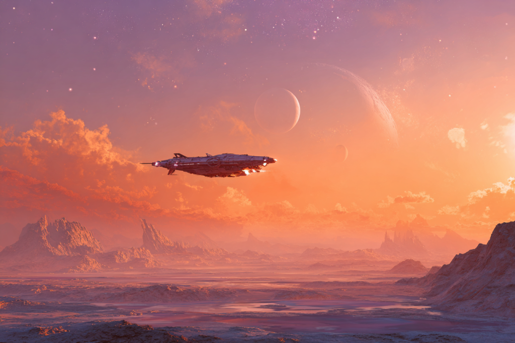 A sleek starship descends over a rocky pink desert at sunset, twin moons hanging in a violet-and-orange sky.