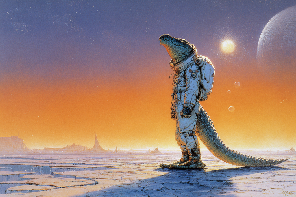 A crocodile-headed alien in a spacesuit stands head bowed on a cracked desert, long tail curled, sun and pale planet behind.