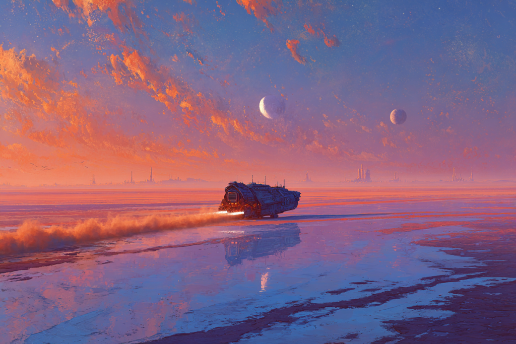 A bulky transport craft skims low over a mirror-smooth salt flat, trailing exhaust beneath two moons and distant spires.