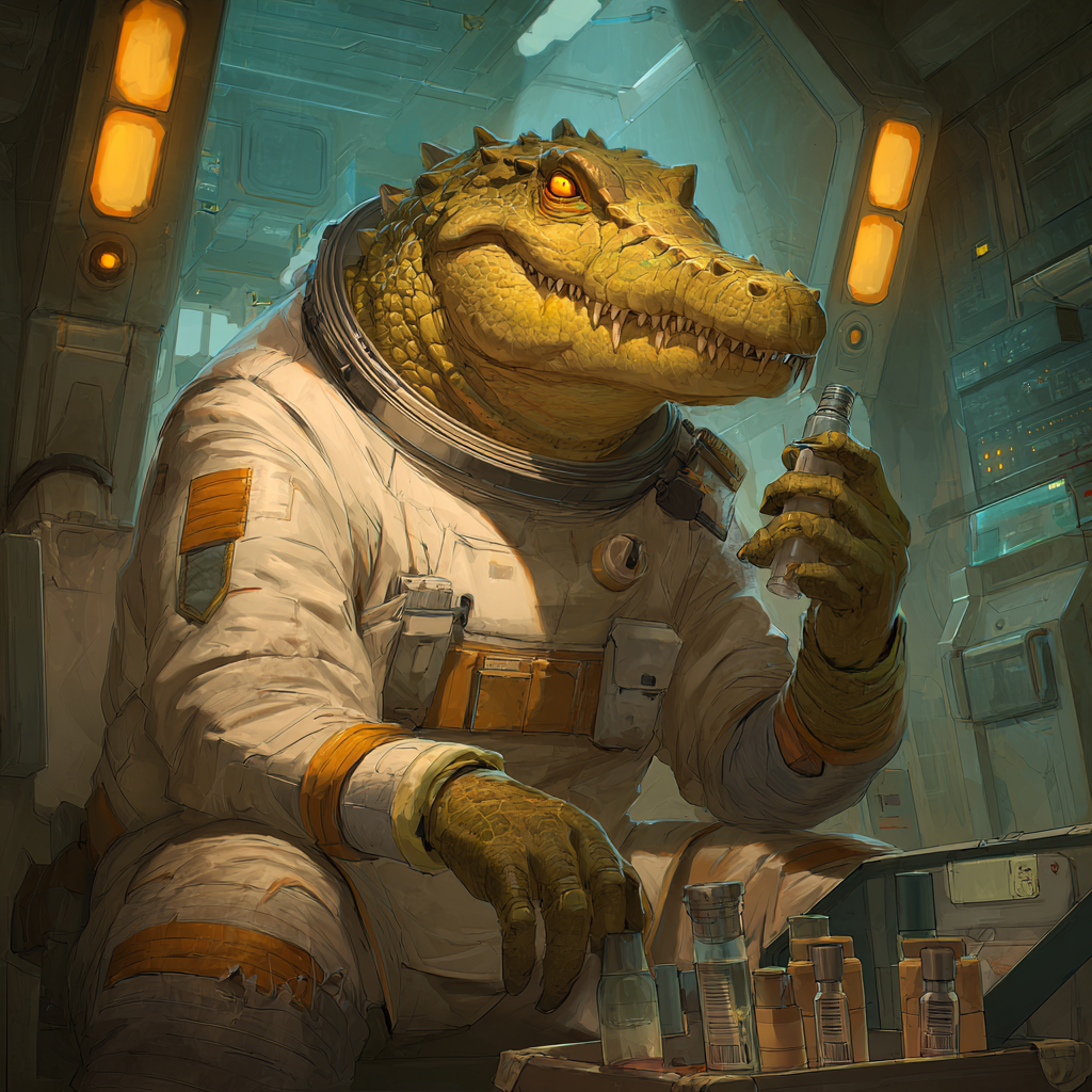 In a dim ship cabin, a crocodile-headed alien in a spacesuit examines a small vial, more vials lined on the table before him.