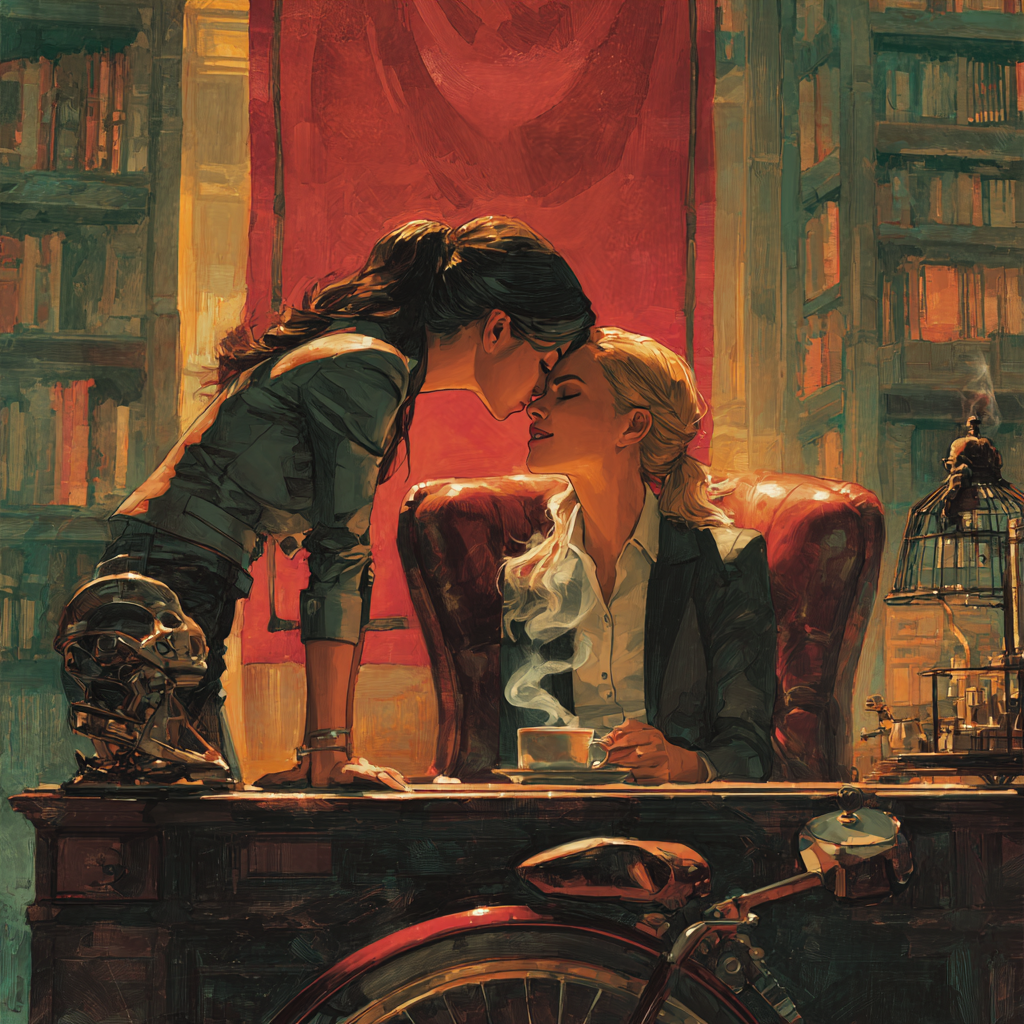 An aide leans across a grand book-lined desk to set a steaming cup of tea before the seated president, the two nearly touching foreheads; a motorcycle and a metal helmet relic nearby.
