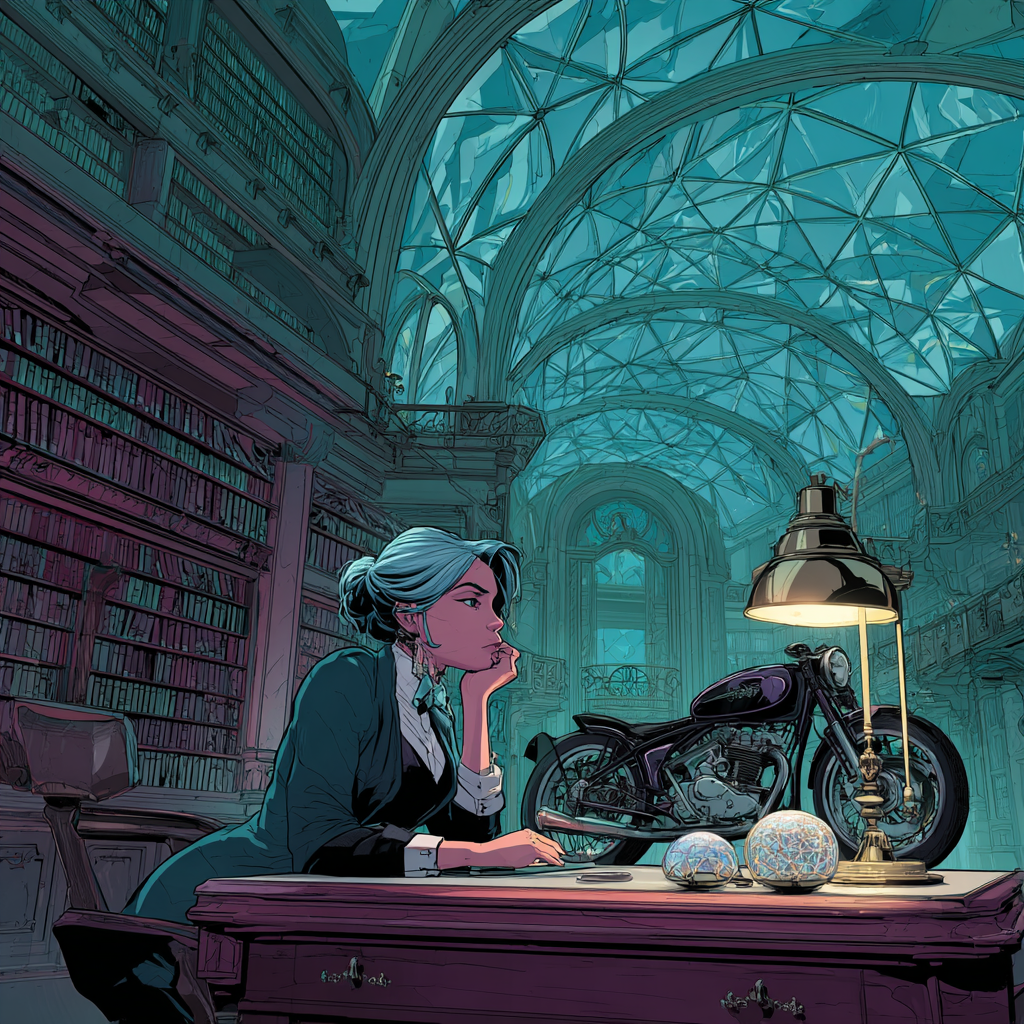 The president sits alone at her carved desk beneath a vast domed glass ceiling, chin in hand, an antique motorcycle and a lit lamp beside her in the great library office.