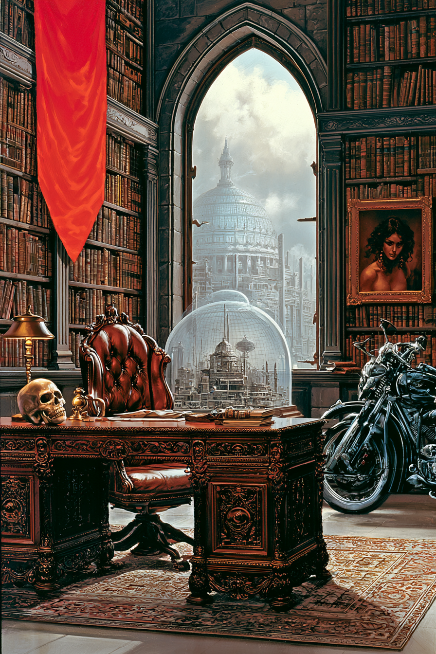 The president's grand book-lined office beneath a vast geodesic glass dome — a carved mahogany desk, a high-back chair, and an antique motorcycle.
