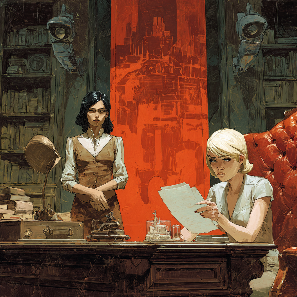 Under wall-mounted surveillance cameras, a seated woman reads loose sheets of paper while a second woman stands behind the desk, arms folded, watching.