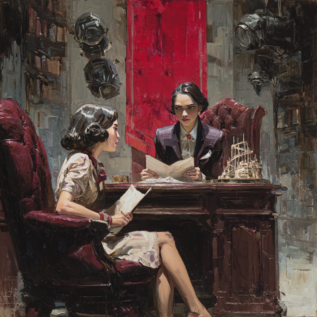 Across the carved desk, a visitor reads from a sheet of paper while the president listens from her high-back chair, a small glass model city between them, cameras on the walls.