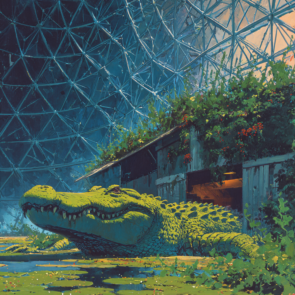A massive alligator sprawls at the water's edge beside a vine-covered shack, the city's vast geodesic glass dome arching overhead.