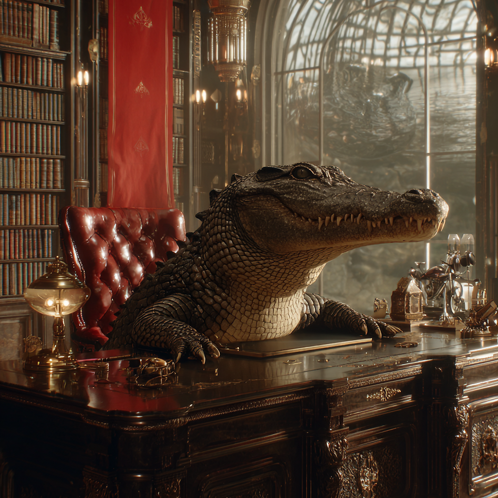 An alligator sits incongruously atop the president's polished desk in the empty book-lined office, a high-back chair and lamp behind it, the domed city beyond the window.