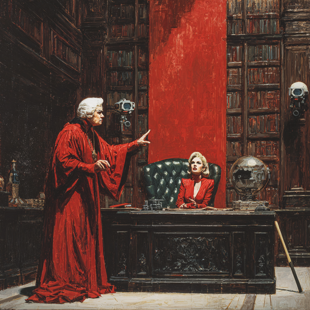 A robed priestess stands and points accusingly across the desk at the seated president, who looks up warily from her high-back chair; a slender bat leans at the desk's edge.