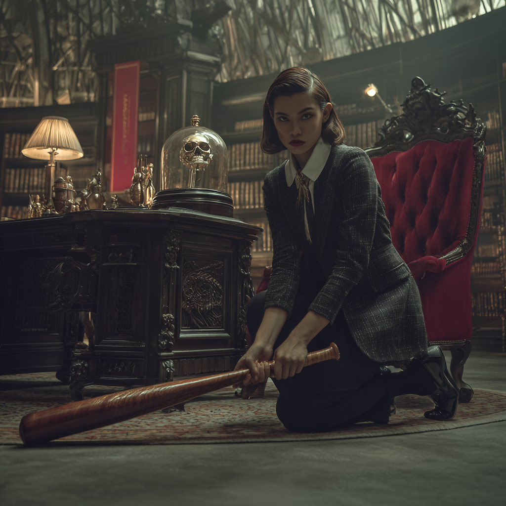 The president kneels on the office rug to draw a wooden baseball bat from beneath a towering bookcase, a skull under a glass dome and a lamp on the desk behind her.