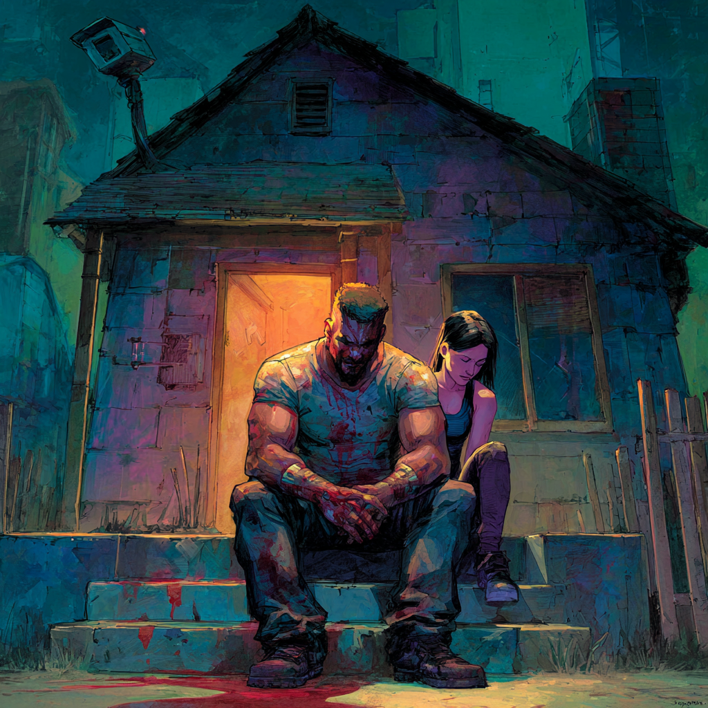 A muscular tattooed man in a torn shirt sits hunched on the steps of a run-down house at night while a dark-haired woman rests her head on his shoulder; a surveillance camera watches from a pole above.