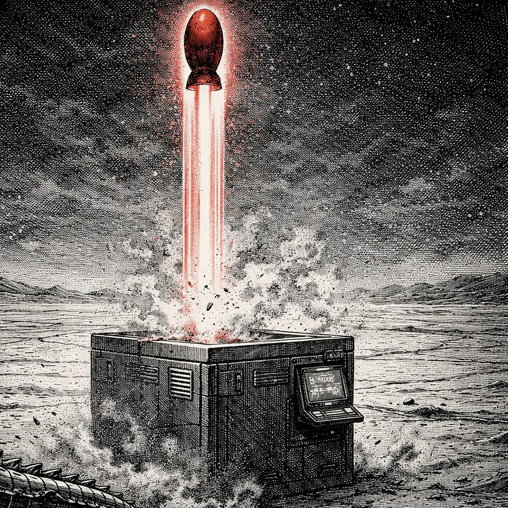 Woodcut-style illustration of an alien machine