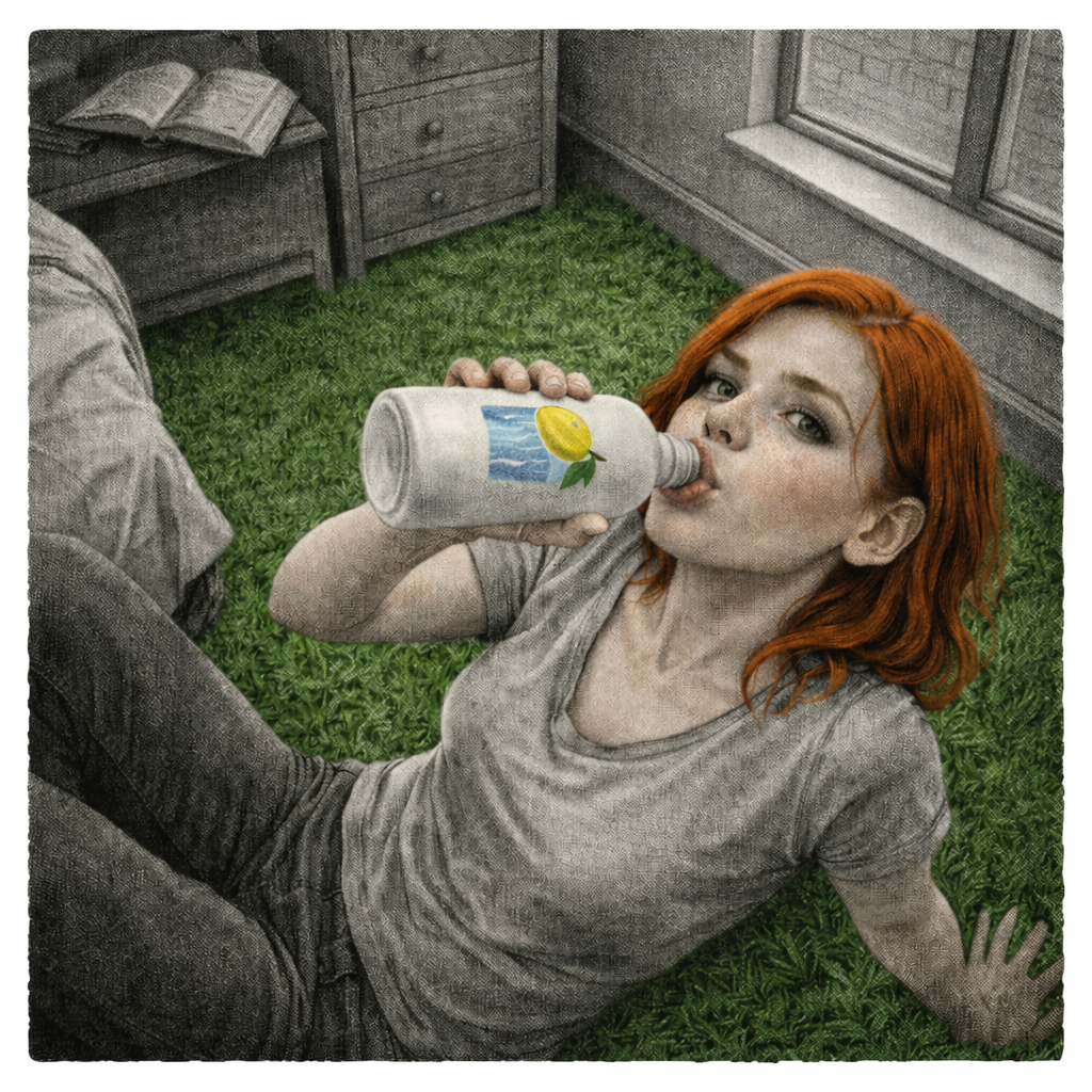 A red-haired woman lies back on a grass floor, draining the last of a lemon-water bottle in one gulp and holding the label up toward a ceiling camera.