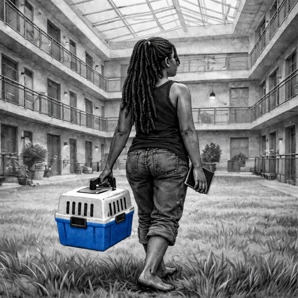 Seen from behind, Caroline walks barefoot across a grassy courtyard ringed by multi-level apartment balconies, carrying a pet carrier in one hand and a book in the other.