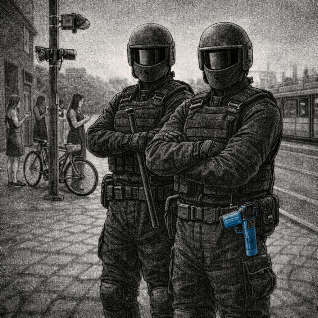 Two hulking soldier-drones in riot armor and full helmets stand arms-crossed on a sidewalk, one gripping a baton with a stun pistol at the hip, three women waiting unaware by a bicycle behind them.