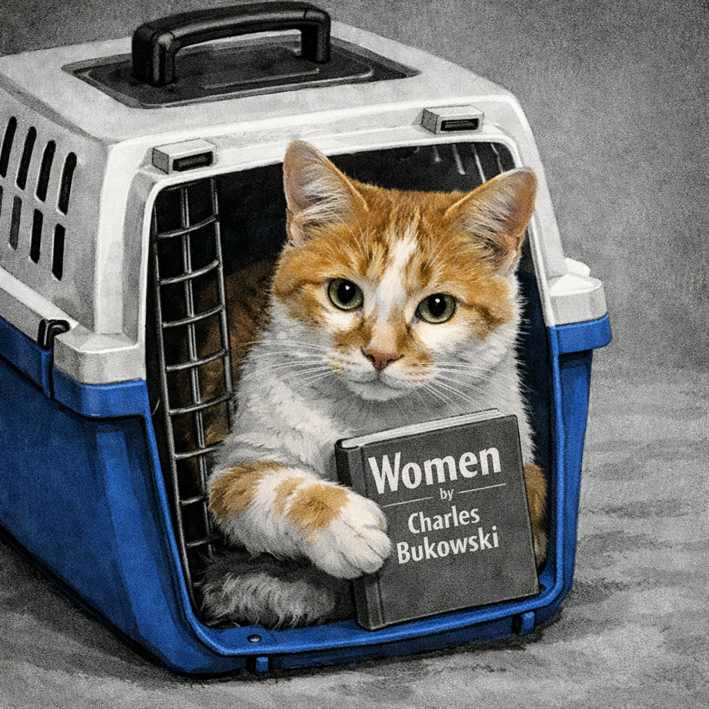 An orange-and-white tabby sits inside an open plastic pet carrier, one paw resting on a copy of Women by Charles Bukowski.