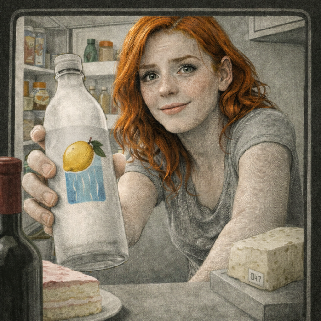 A red-haired woman leans into an open refrigerator and holds a bottle of lemon water up toward the viewer with a smile, a wedge of cheese stamped “047” and a slice of cake on the shelf beside her.