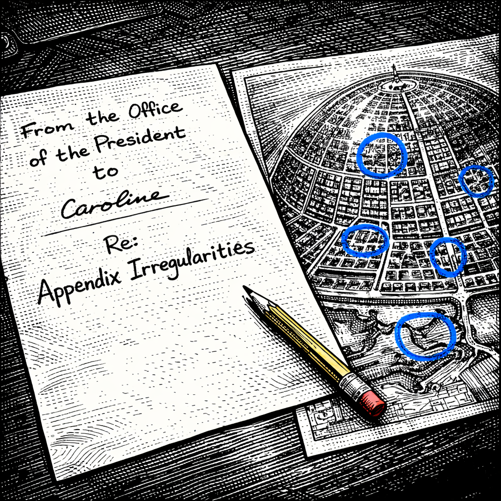 A pen-and-ink sketch of a handwritten memo reading "From the Office of the President to Caroline — Re: Appendix Irregularities," a pencil across a circled map of the domed city.