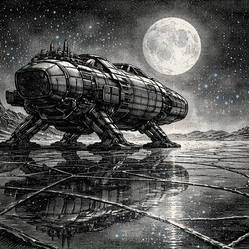 Woodcut-style illustration of an alien spacecraft on Earth