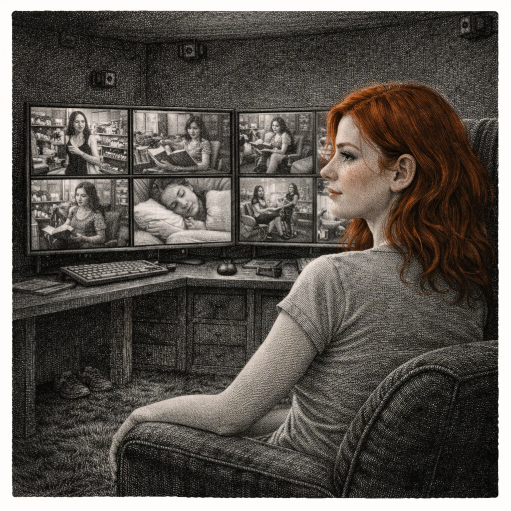 A red-haired woman sits watching a bank of six screens, each showing a different woman in a private moment — reading, sleeping, sitting — as small cameras stare down from the walls above her.