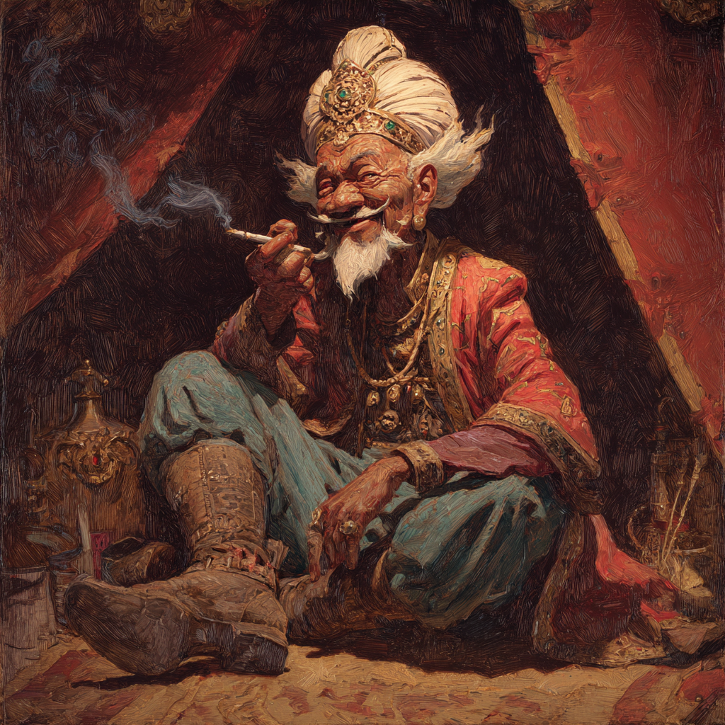 Naropa grinning in a jeweled turban and silks, smoking cross-legged in his tent