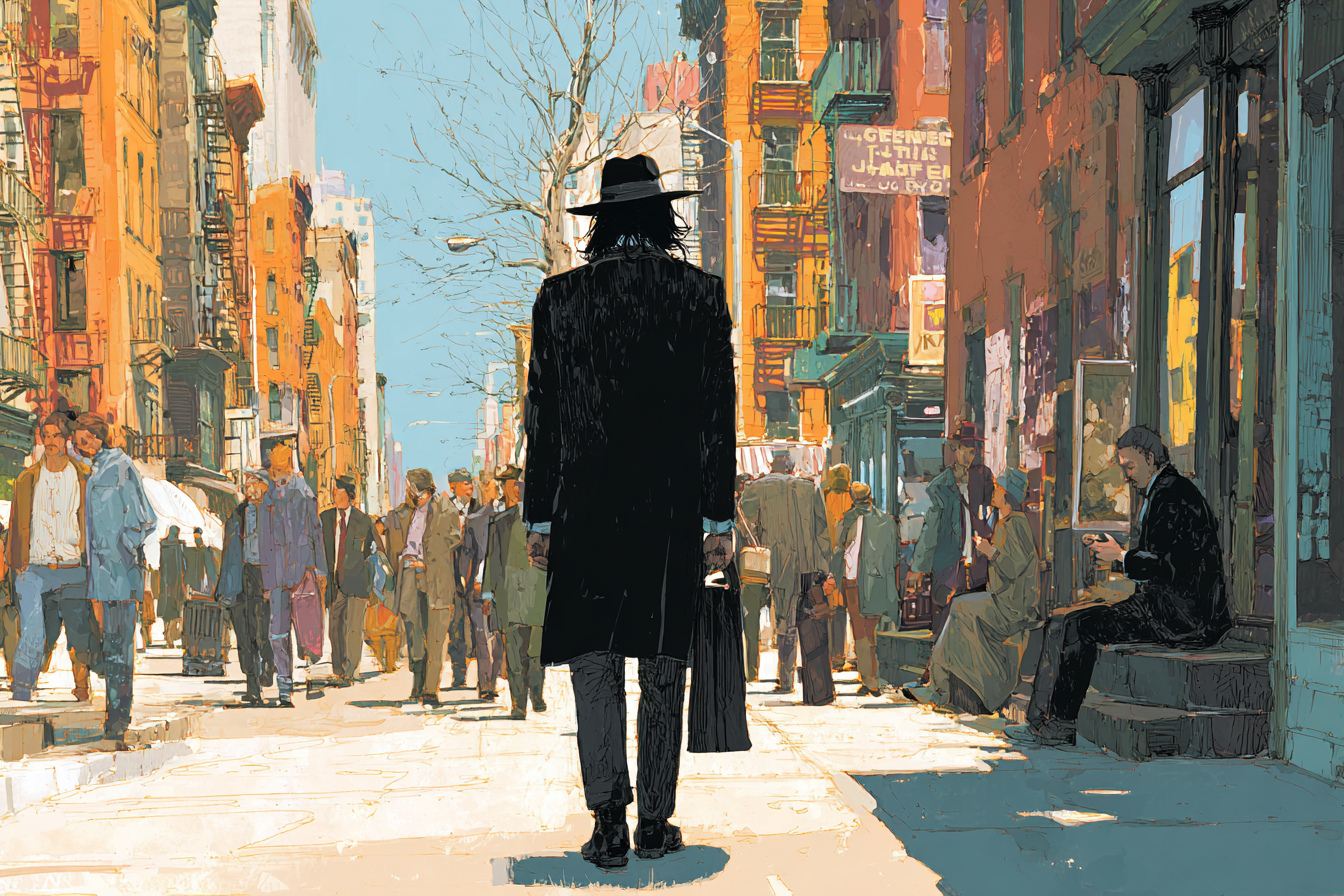 Still Life featured: a figure in a long coat and hat, seen from behind, stands in a sunlit, crowded Lower East Side street.