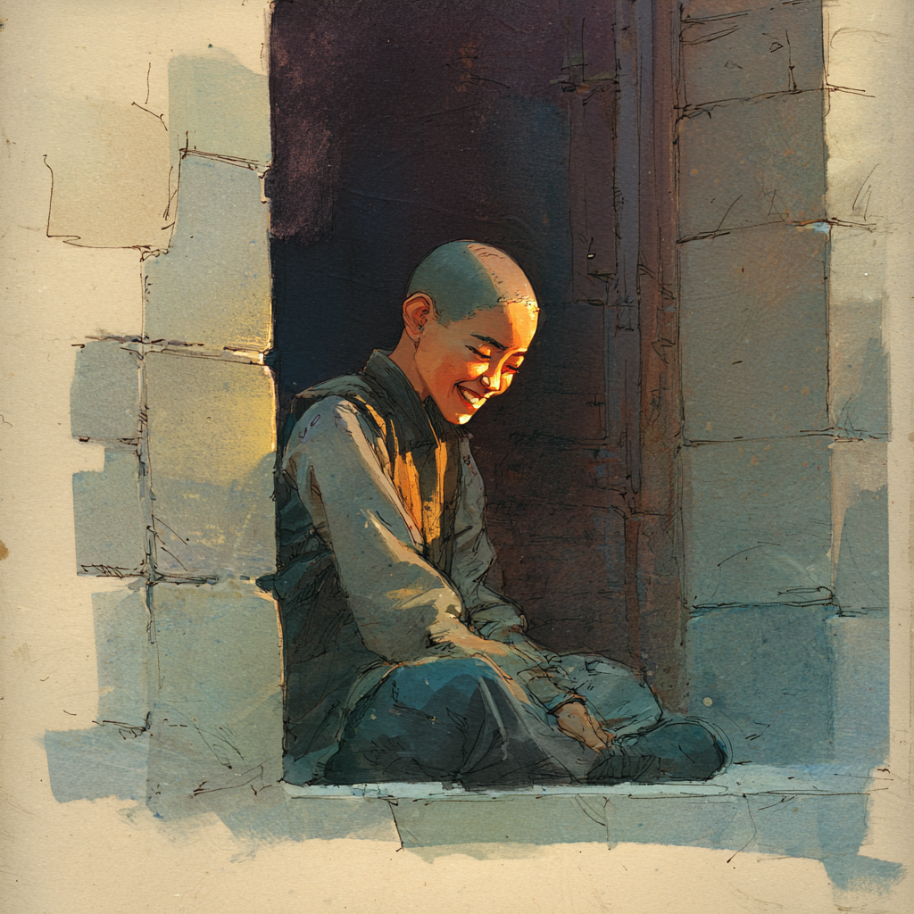 Ruth sits alone in a doorway recess weeks later, smiling to herself