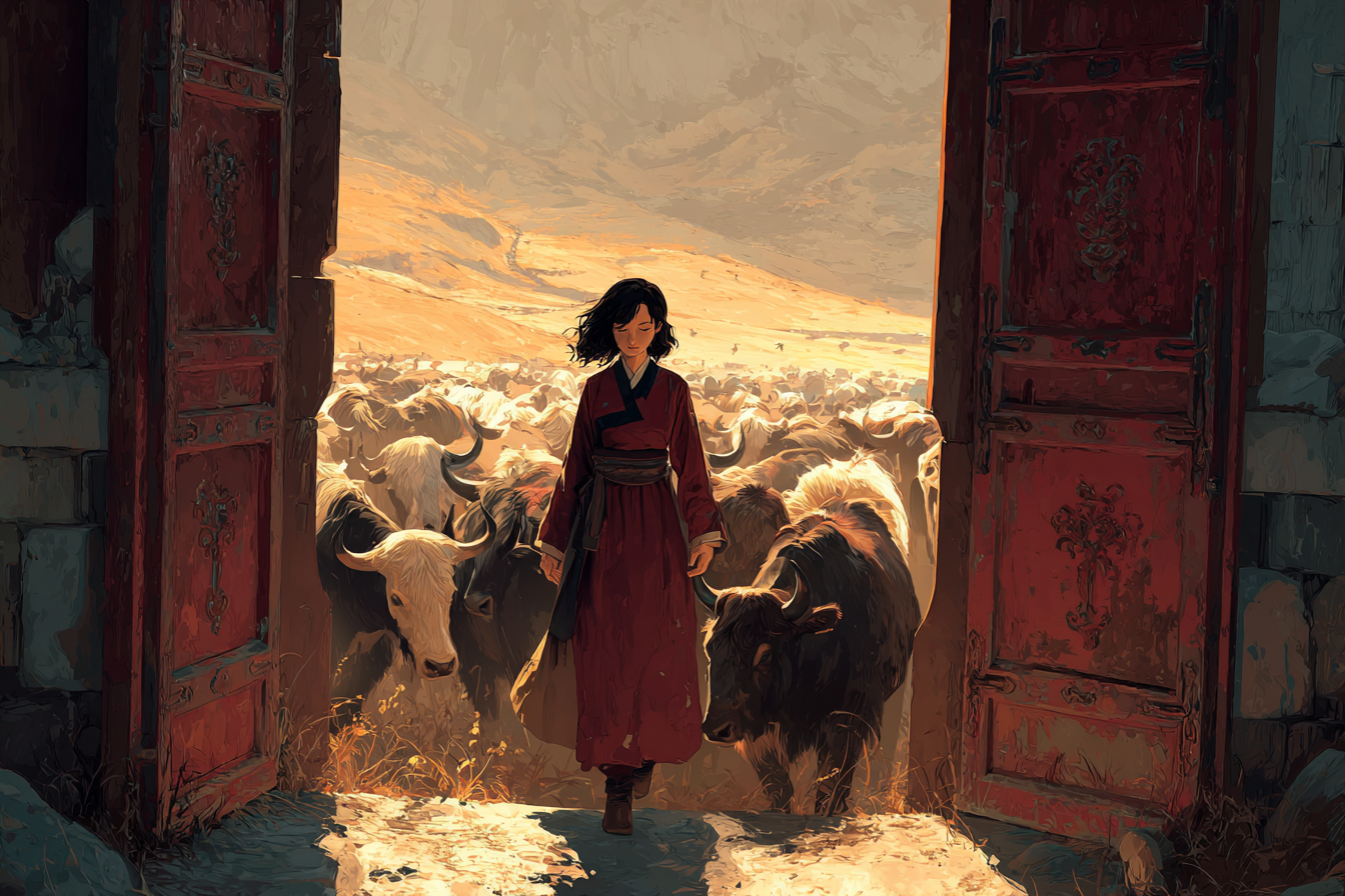 Mei walks out through the great doors into the valley with her herd streaming beside her