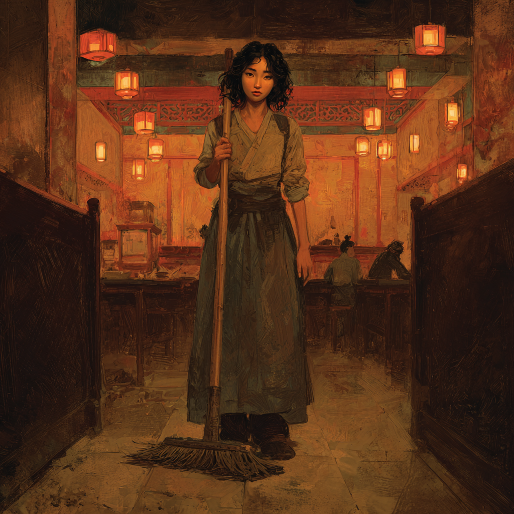 Mei stands alone with her broom in the lantern-lit hall, a last pair still at a table