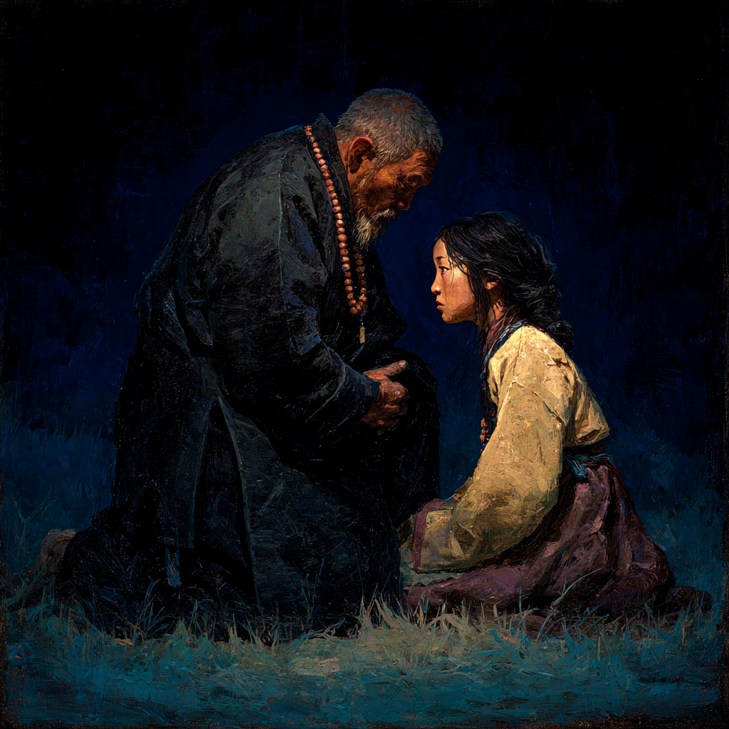 The old Father bends toward Mei as they kneel facing each other in the night grass