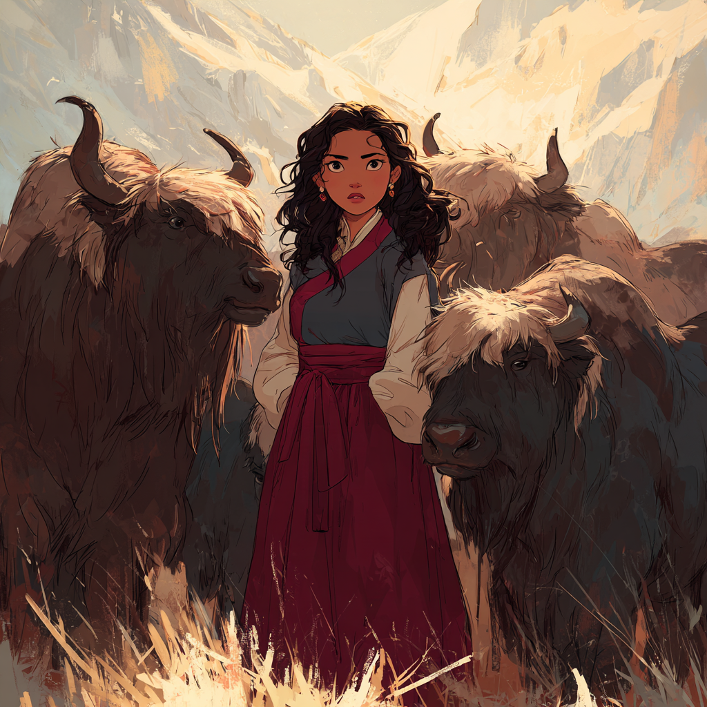 Mei standing among her yaks in the mountain pasture, snow peaks behind her