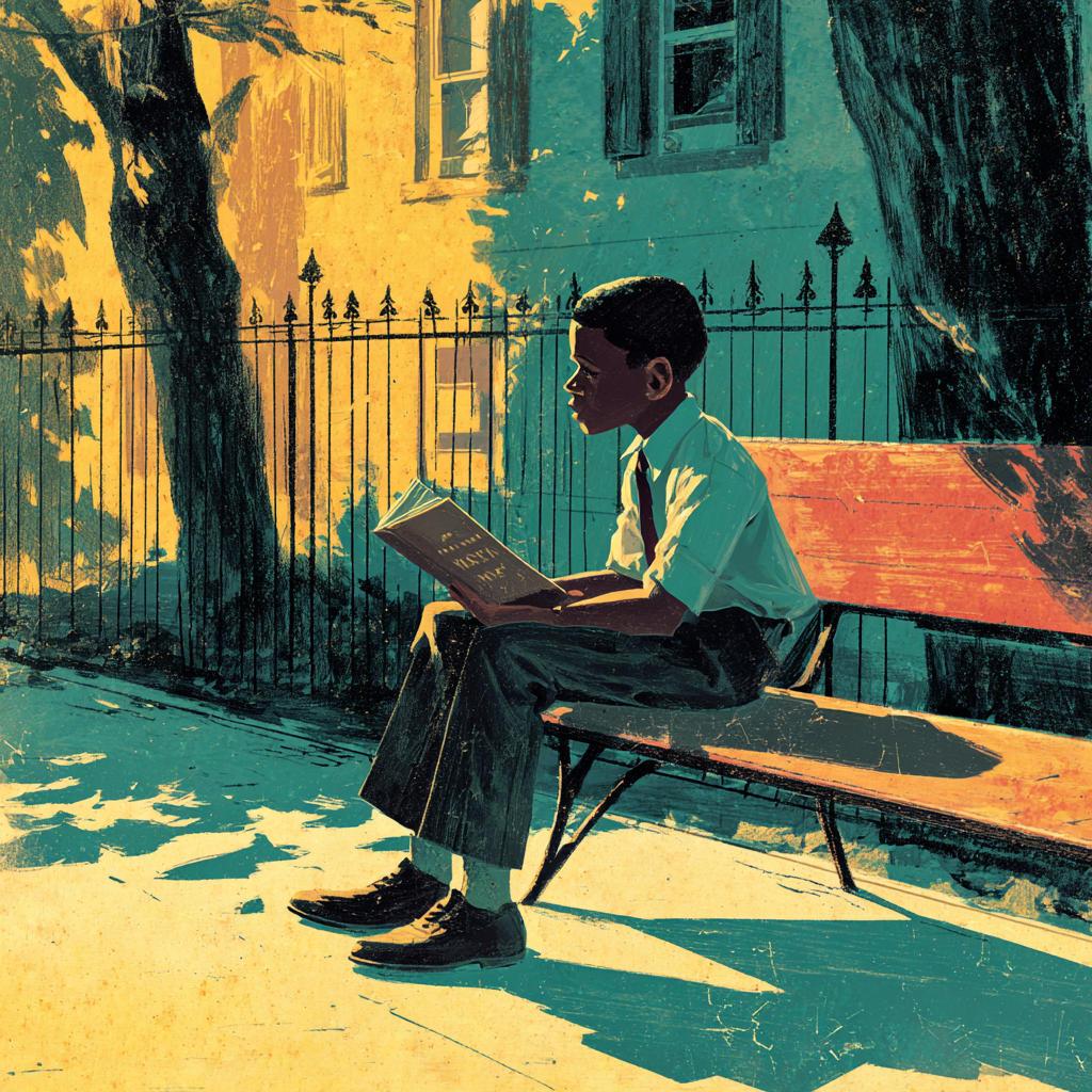 A boy in a shirt and tie sits reading on a bench beside an iron fence and a shade tree, tenement windows behind.