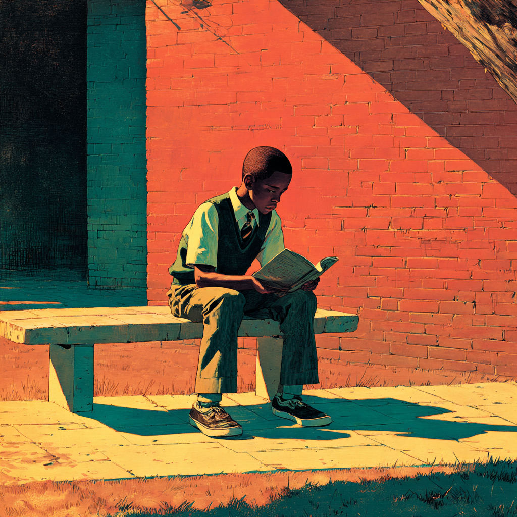 Dirty Dozens featured image: a boy in school uniform reads a book alone on a bench against a brick wall in hard sun.