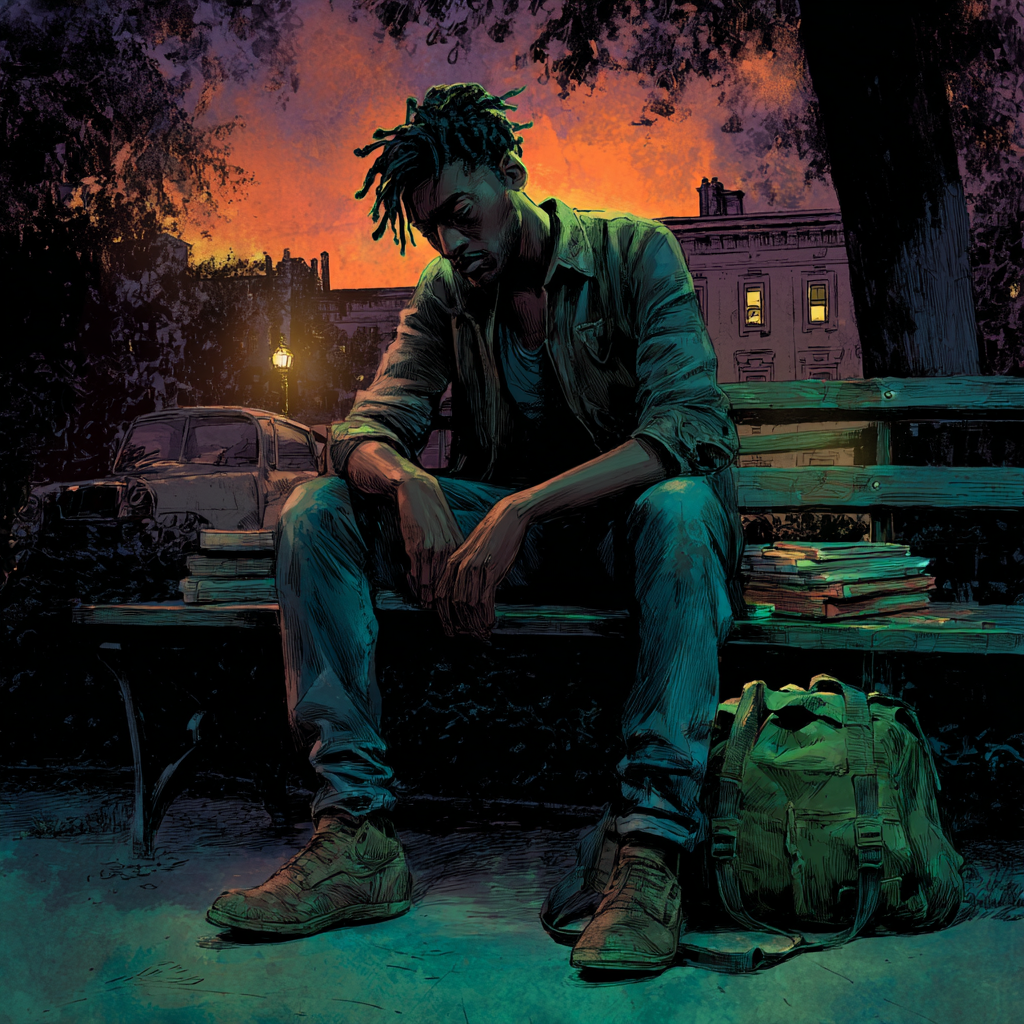A weary man with locs sits slumped on a park bench at sunset, stacks of books beside him and a bag at his feet.
