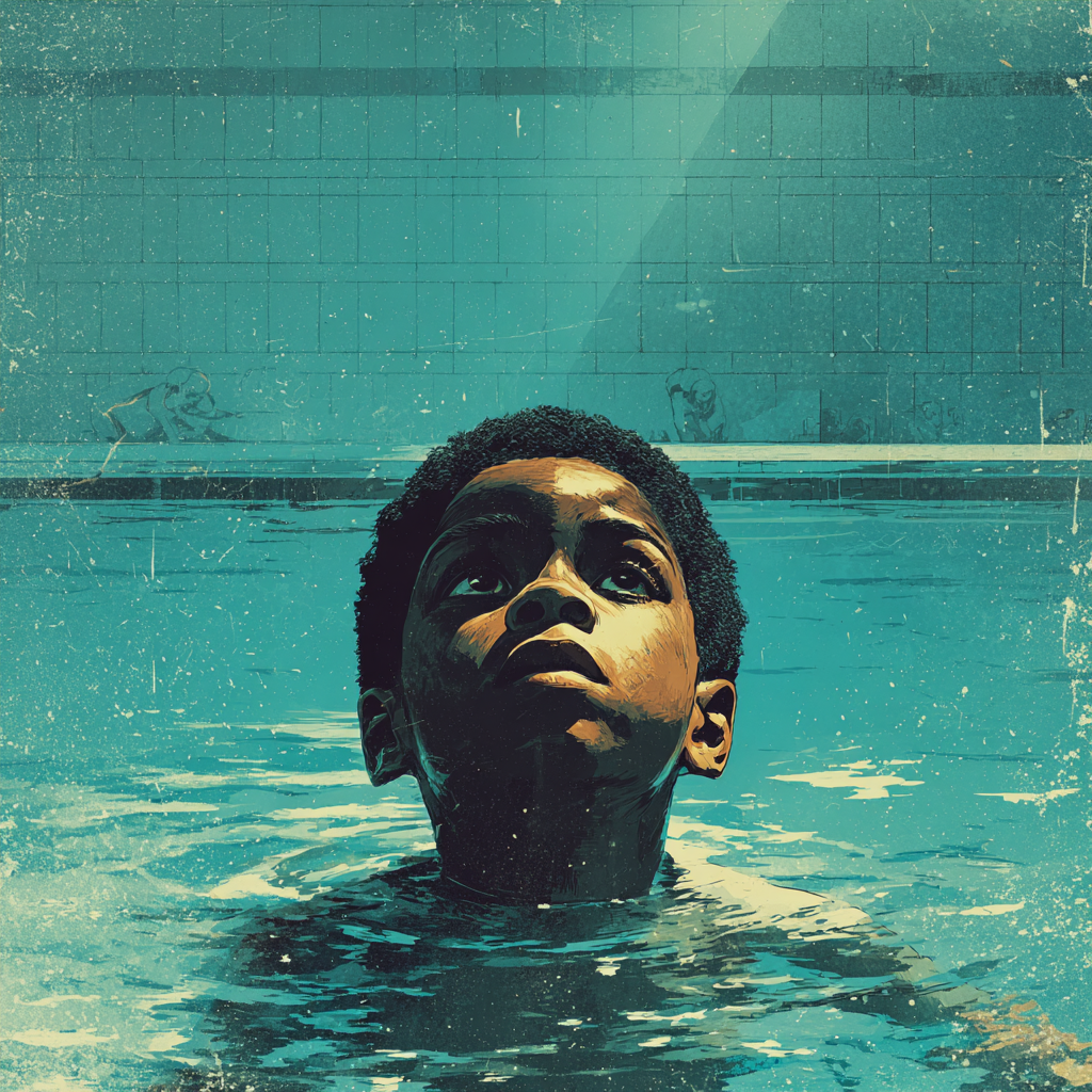 A boy’s head breaks the surface of a swimming pool, chin up and eyes lifted, a tiled pool wall behind.