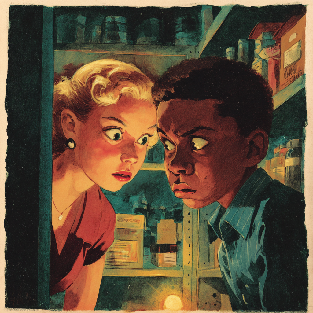 A wide-eyed woman teacher and a boy stand face to face in a cramped supply closet stacked with boxes.
