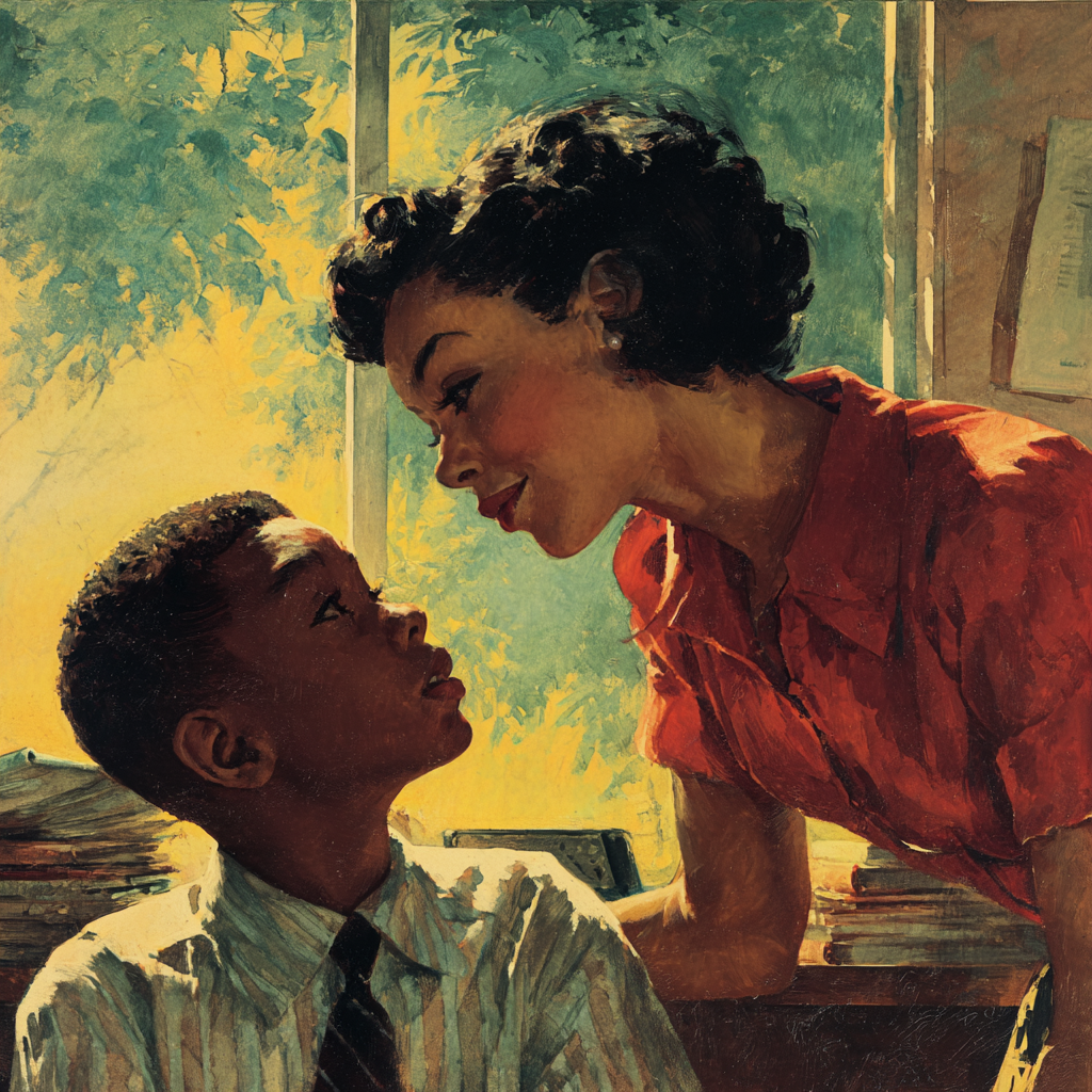 A teacher leans down face to face with a boy at his desk by a sunlit window, both smiling.