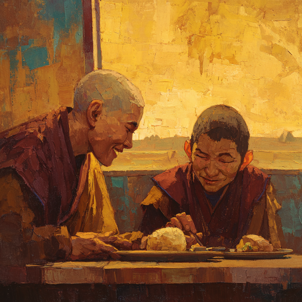 Two monastics bowed over their plates at the window table, both grinning at the meal
