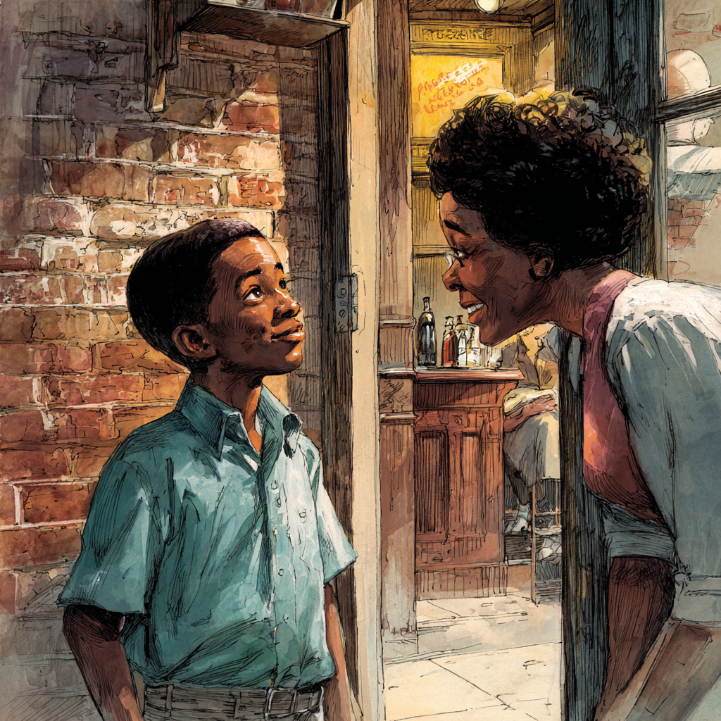A boy stands by a brick wall gazing up at a smiling woman who leans out a bar doorway to talk with him.