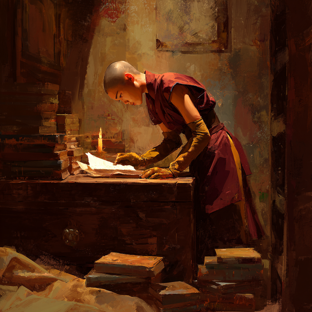 Ruth in gloves bends over the unbound book by candlelight at a desk stacked with volumes