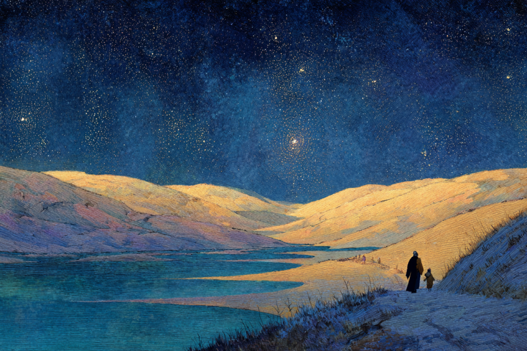A wide pure-land valley of dunes and a still river under a vast starfield, two figures on the path