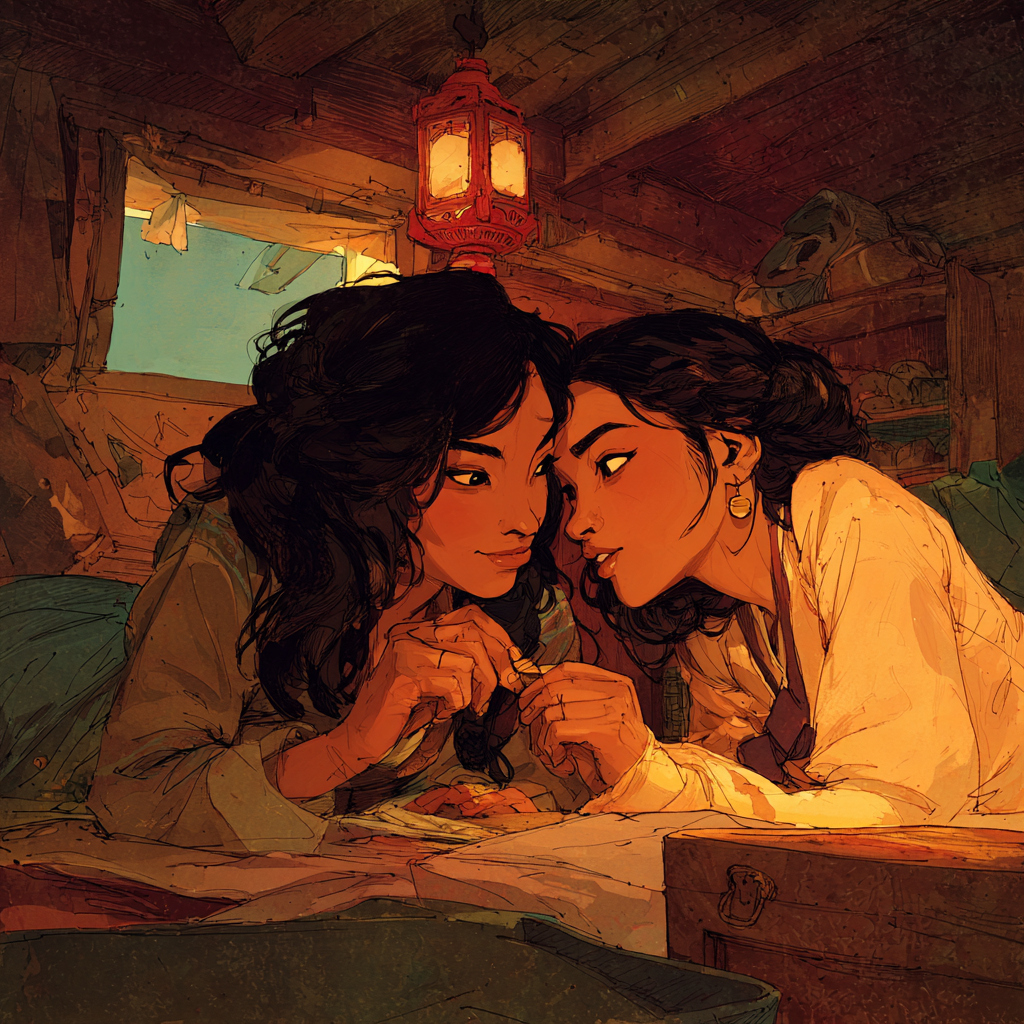 Rebecca and Mei lying close together under the attic lantern, heads nearly touching