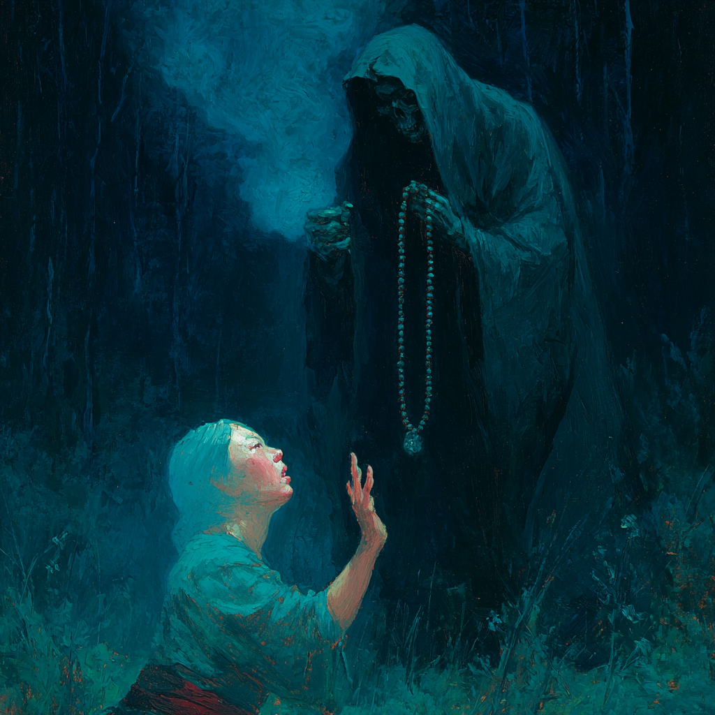 Rebecca kneels with a hand raised to the hooded figure of Death, who holds out a mala