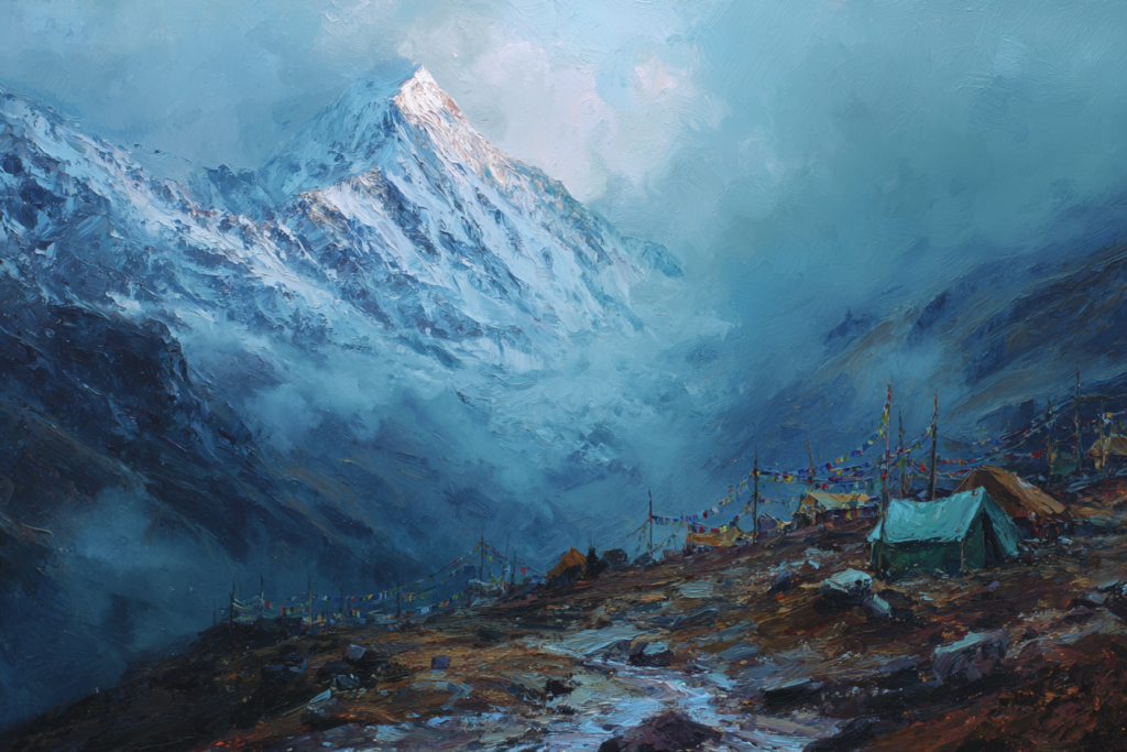 Tents and prayer flags pitched along a misty mountainside below the snow peak
