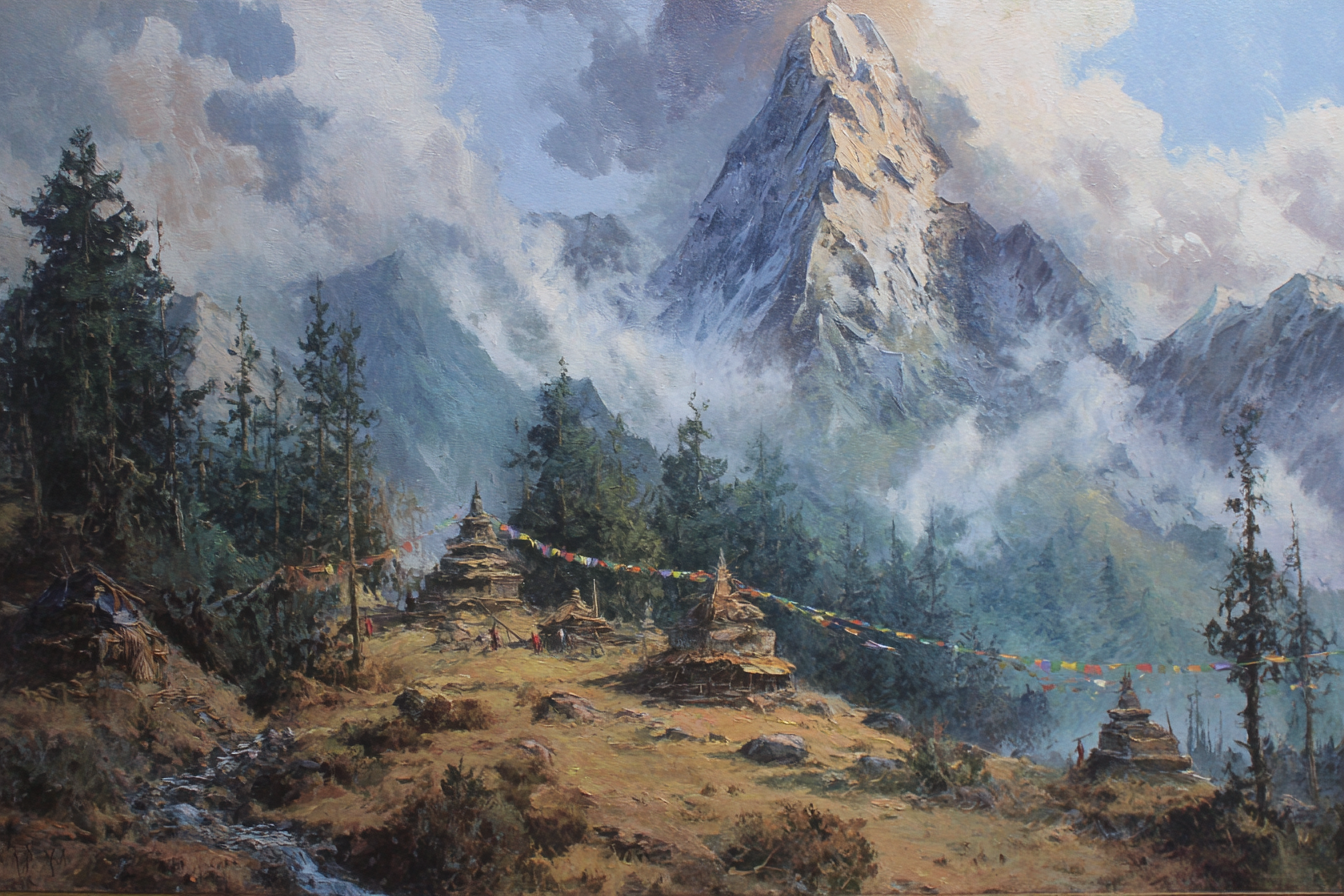Stupas and strings of prayer flags on a forest ridge beneath a sharp snow peak